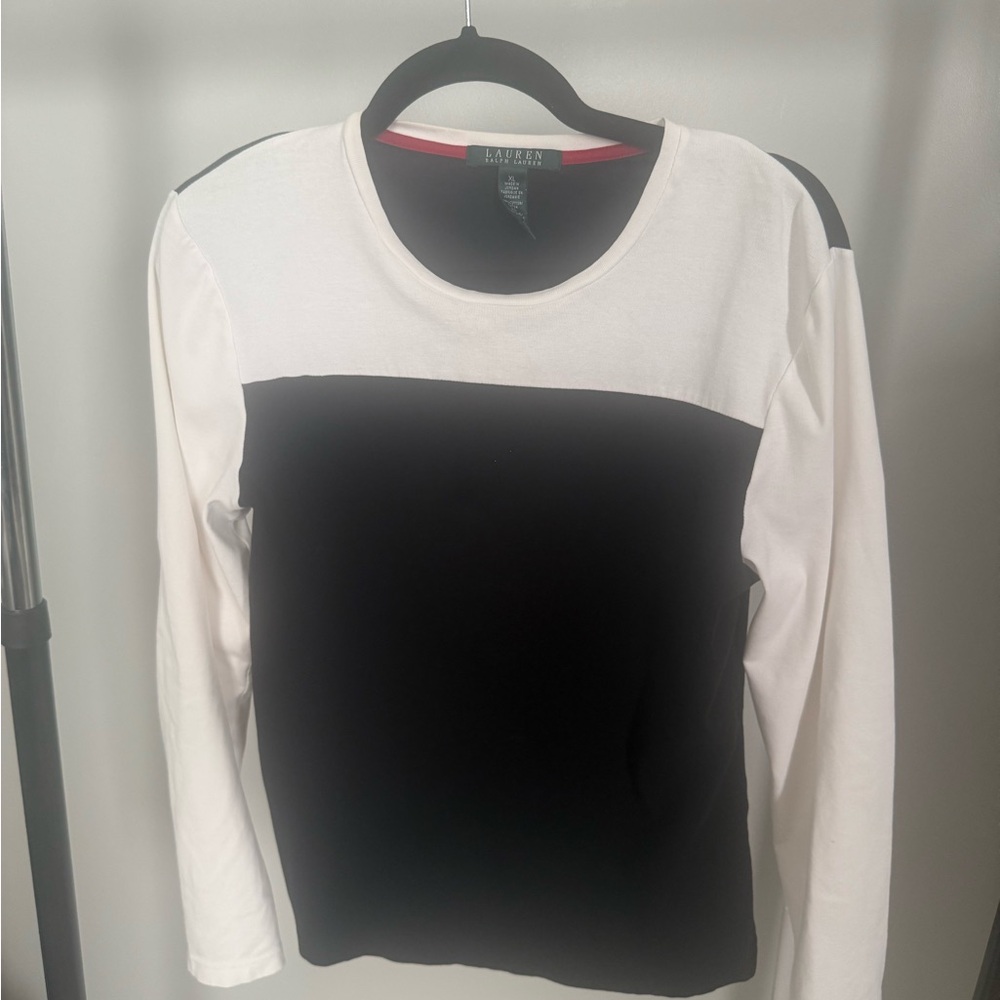 Lauren Ralph Lauren Shirt Womens XL Black White Colorblock Long Sleeve